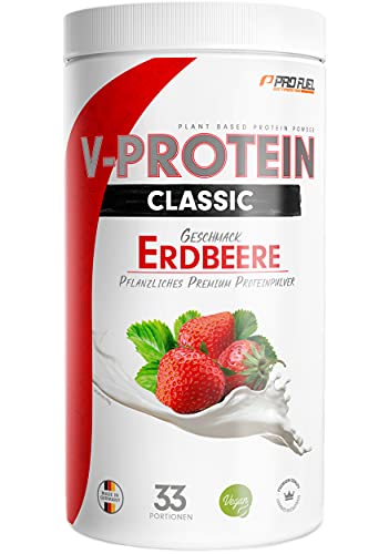 Vegan Protein Pulver ERDBEERE 1kg - V-PROTEIN - Pflanzliches Eiweißpulver auf Erbsenprotein-Basis mit 73,1% Eiweiß-Gehalt - optimale Protein-Wertigkeit - veganer Protein-Shake ohne Soja & Weizen