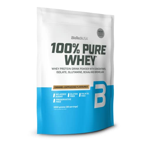 BioTechUSA 100% Pure Whey Premium Protein Isolat Pulver mit zusätzlichen Aminosäuren, glutenfrei, palmölfrei, aspartamfrei, 1000g, Karamell-Cappuccino