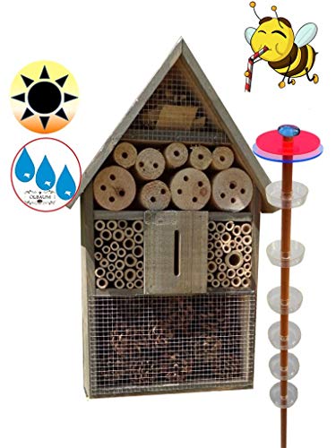 Gartendeko-Stecker als funktionale Bienentränke + 1x Lotus BIENENHAUS Insektenhaus,XXL Bienenstock & Bienenfutterstation für Wildbienen, Hummeln Schmetterlinge schwarz anthrazit dunkelgrau
