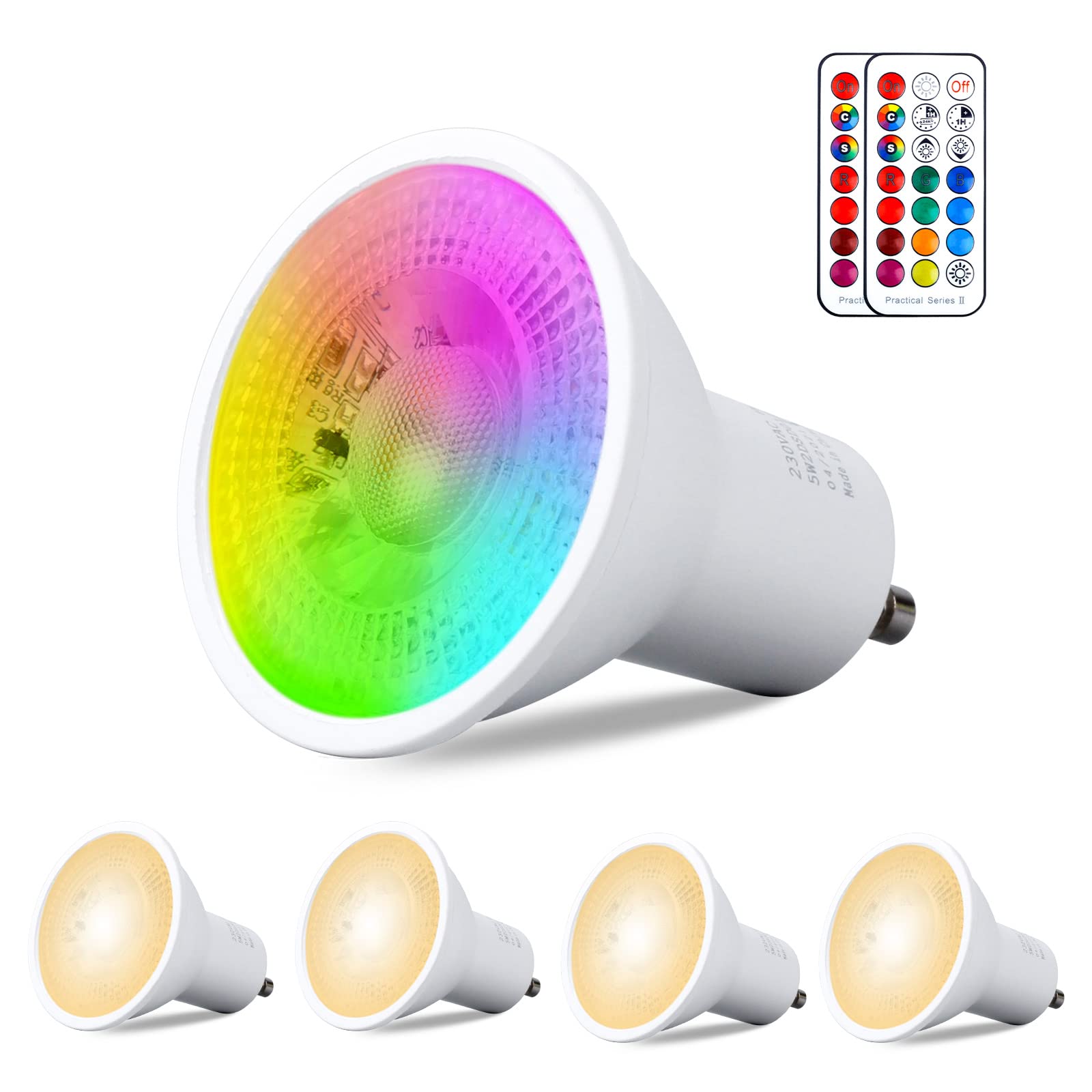 REYLAX GU10 RGB LED Farbwechsel Lampen, 5W Warmweiß 3000K Dimmbar Glühbirne 50W Halogenlampen Gleichwertige, RGB LED Strahler Bunt, LED Spot Leuchtmittel mit Fernbedienung (4 Stück)