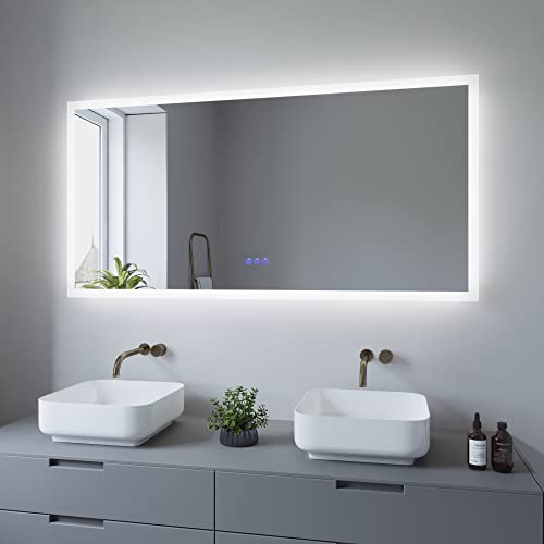 AQUABATOS 140x70cm Badspiegel mit Beleuchtung Badezimmerspiegel LED Lichtspiegel Wandspiegel Energiesparend. Touch-Schalter Dimmbar, Kaltweiß 6400K, Warmweiß 3000K, Spiegelheizung, IP44, CE