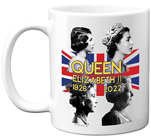 Stuff4 Queen Elizabeth II Gedenktasse – The Queen Elizabeth II Union Jack Andenken – königliche Gedenkgeschenke, Erinnerungsstücke, Souvenirs, Keramik, weiße Premium-Tassen
