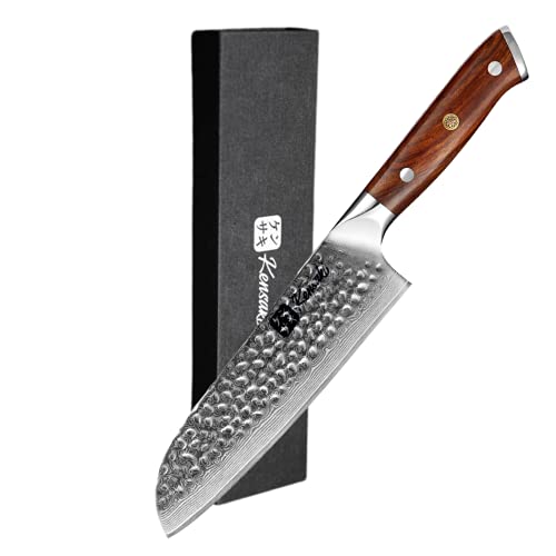 Kensaki Santoku Messer aus Damaszener Stahl Küchenmesser Japanischer Art hergestellt aus 67 Lagen Damaststahl Gehämmert – Tetsu Serie, KEN-052