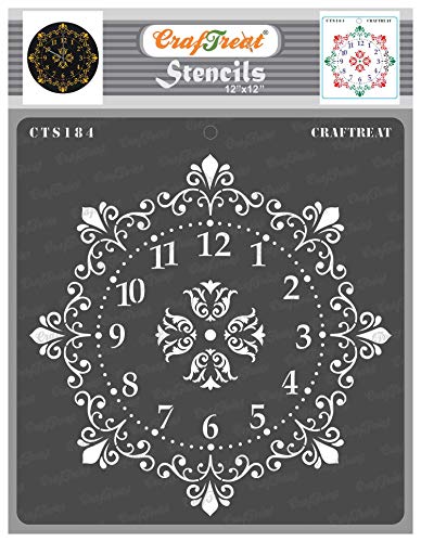 CrafTreat Clock Stencils for Painting on Wood, Canvas, Floor, Wall and Tiles - Artistic Clock - 30.5 x 30.5 cm - Reusable DIY Arts and Crafts Stencils - Clock Wall Decor Stencil