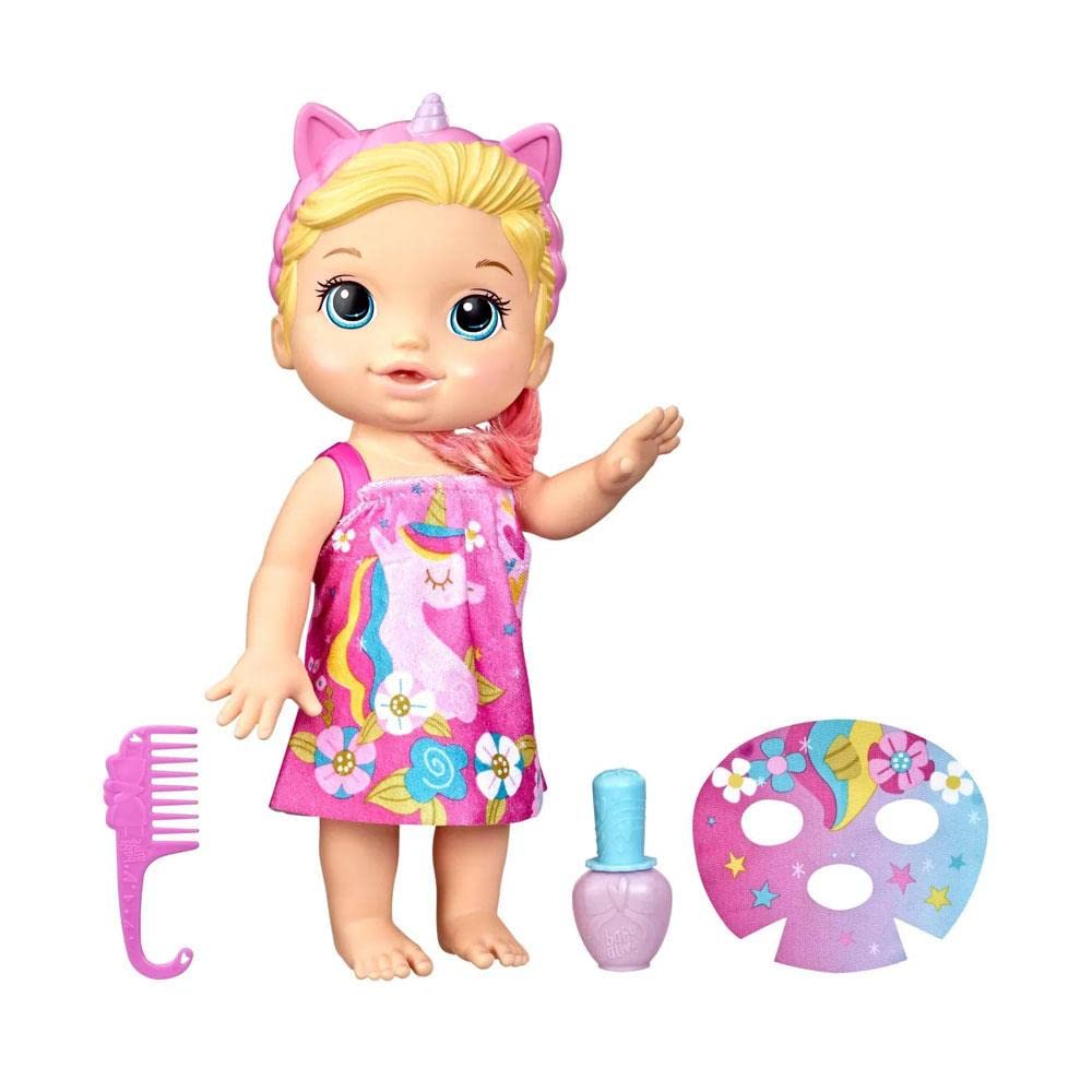 Baby Alive F3564 Baby Beauty Babypuppe, 32,5 cm, Einhorn-Motiv, magisches Make-up und Nägel, Blondes Haar, Kinder, Mehrfarbig