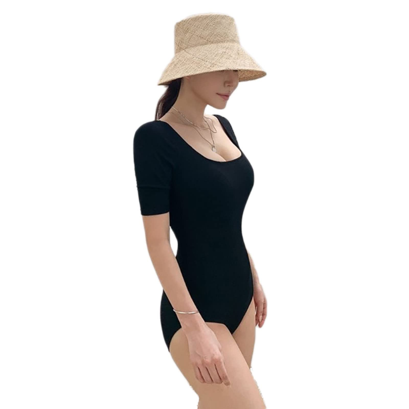 TYXL Badeanzug mit Kurzen Ärmeln, Bademode Damen, Badeanzüge für Damen, Neckholder Rückenfrei Einteiliger Bademode Bauchweg Cutouts Strandbikini Strandmode Swimsuit