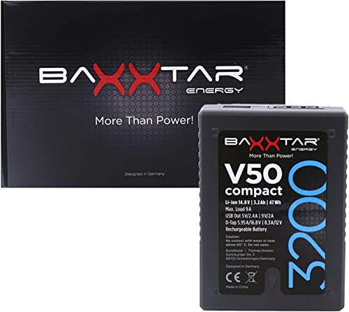 Baxxtar 47Wh V-Mount Akku V50 compact III - LG Cells Inside (echte 3200mAh) - mit D-Tap und Powerbank Funktion (USB) Abmessung 7,5 x 3,5 x 10,5 cm (322g)