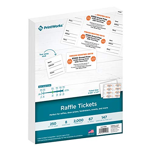 PrintWorks Tombola-Tickets, perforierter Karton für Tickets mit Abreißstutzen, 22 x 28 cm, 147 g/m², 8 Tickets pro Blatt, 250 Blatt, insgesamt 2000 Tickets, weiß (04296) (2,125 x 5,5)