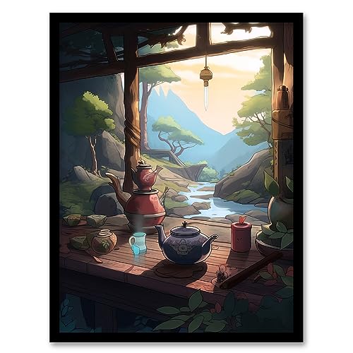 Tranquil Tea Ceremony in Nature Painting Japanese Hospitality Traditional Customs at Sunrise in Forest River Landscape Artwork Framed Wall Art Print A4