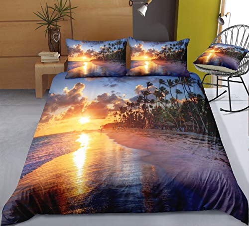 Sea & Beach Bettwäsche Set 3D Print Strand und Meer Tropische Palm Bettbezug mit 2 Kissenbezug 3 teilig 155x220cm+80x80cm Weiche Atmungsaktive Polyster Modern Stil Betten Set mit Reißverschluss