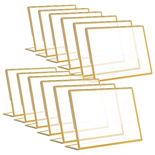 arlote 12 StüCk Acryl-Schilderhalter mit Goldenem Rahmen, Hochzeits-Tischnummernhalter, SchräGer Doppelseitiger MenüStäNder, 4 X 6 Horizontal