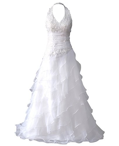 Romantic-Fashion Brautkleid Hochzeitskleid Weiß A-Linie Lang Satin Stickerei Perlen Pailletten DE Modell W041 Größe 50