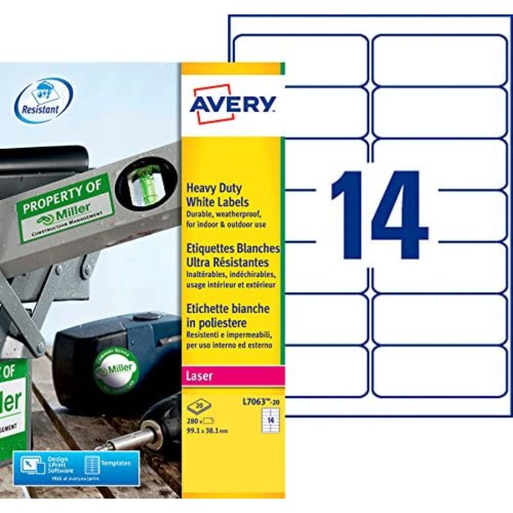Avery L7060-20 – Packung mit Etiketten aus Polyester, Weiß, 99,1 x 38,1 mm