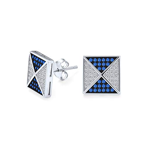Blau Weiß Cubic Zirconia Micro Pave Geometrische Cz Pyramide Quadratische Ohrstecker Für Männer .925 Sterling Silber 11Mm
