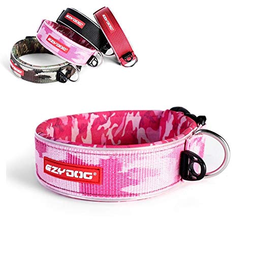 EzyDog Neo Wide - Halsband Hund breit, Hundehalsband für Große Hunde | Neopren gepolstert, reflektierend, wasserfest (L, Rosa Camo)
