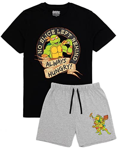 Teenage Mutant Ninja Turtles Herren Pyjamas | Michelangelo Warrior Charakter Pizza Schwarz T-Shirt Graue Shorts Pyjamas | TMNT Merchandise