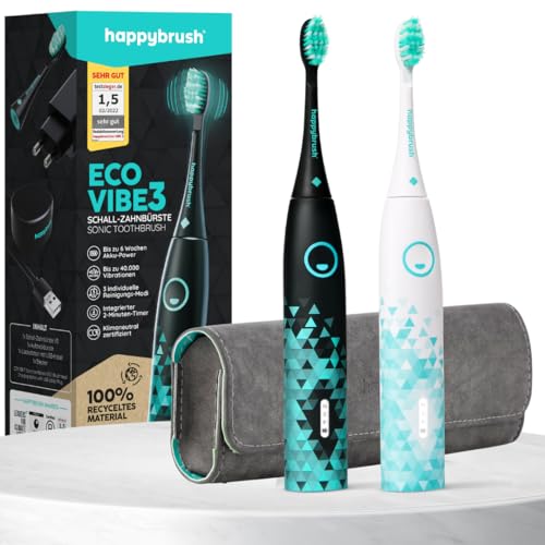 happybrush® Doppelpack Elektrische Zahnbürsten Schall | Reise-Set mit 2 Schallzahnbürsten (2er Pack) Eco VIBE 3 mit 2 Aufsteckbürsten & Reiseetui | Schwarz Mint & Weiß Mint