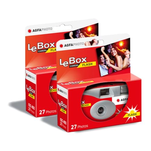 AGFA PHOTO 601020 LeBox Flash, Einwegkamera, 27 Fotos, optisches Objektiv 31 mm, Grau und Rot