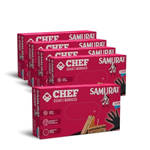 Samurai Chef Einweghandschuhe aus Nitril (100 Stück, Größe M) puderfrei und latexfrei – zertifiziert für den Kontakt mit Lebensmitteln, hervorragende Widerstandsfähigkeit – 5 Packungen (500 Stück)