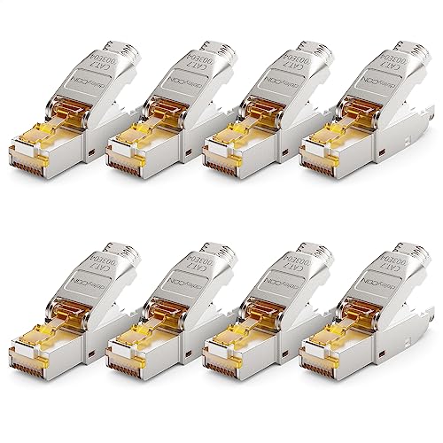 deleyCON 8X CAT 7 Netzwerkstecker Stecker RJ45 Werkzeuglos Geschirmt 10 Gbit/s 600 MHz Netzwerk Stecker für Starre Verlegekabel Rohkabel Steckverbinder RJ45 Ethernet LAN DSL Patchkabel