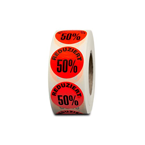 HUTNER Aktionsetiketten"Reduziert 50%" ø 32mm leucht-rot permanent 3.000 runde Aufkleber, Haftetiketten, runde Etiketten