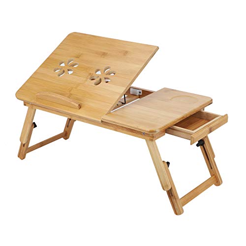 YORKING Laptoptisch 50x30cm Laptop Tisch Betttisch Laptop Knietisch Bambus Notebooktisch mit Lüftungslöchern mit Schublade für Lesen Oder Frühstück