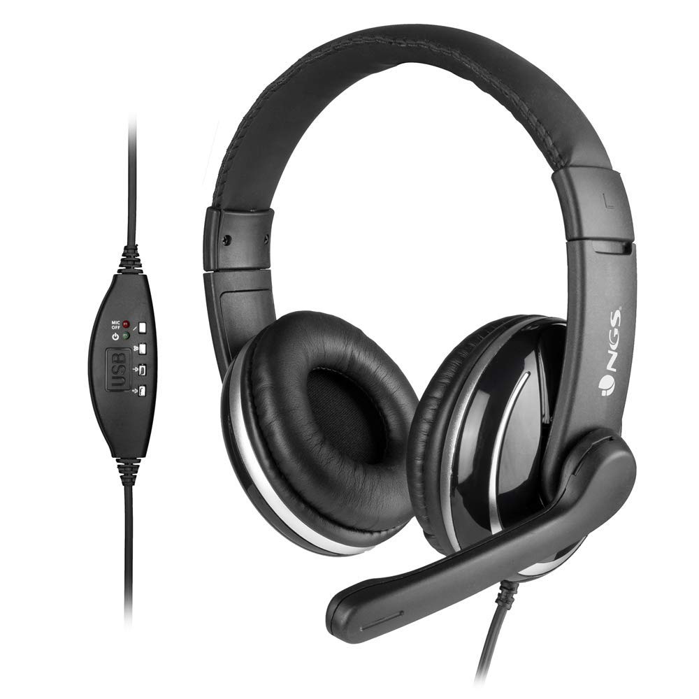 NGS VOX800USB - Headset mit einstellbarem Mikrofon und Lautstärkeregler, Kopfhörer mit Kabel und USB-Verbindung für PC und Laptop
