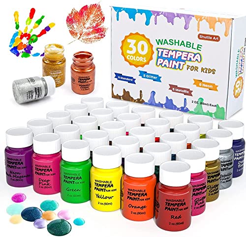Temperafarbe, Shuttle Art 30 Farben waschbare Temperafarben Set für Kinder, 60ml Flaschen, Metallische Glanz und Neon-Farben und Flaschen mit breitem Mund einfach für Plakate, Kunst und Projekte