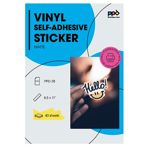 PPD 40 x A4 Inkjet PREMIUM Vinyl Aufkleberfolie Bedruckbar, Weiß, Matt, Selbstklebend PPD-38-40