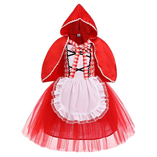 IMEKIS Mädchen Rotkäppchen Kleid Kostüm Prinzessin Cosplay Partykleid mit Kapuzenumhang Festlich Geburtstag Outfit Halloween Weihnachten Karneval Märchen Verkleidung Rot 4-5 Jahre