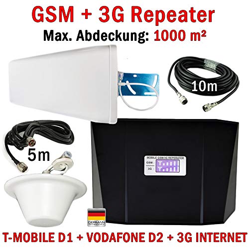 GSM + 3G Repeater Handy Verstärker für Telefonie Verstärkung T-Mobile D1 / Vodafone D2 (900 MHz) + 3G UMTS Internet Verstärkung D1 D2 O2 E-Netz (2100 MHz) – (bis zu 1000 m²) + Außen- und Innenantenne
