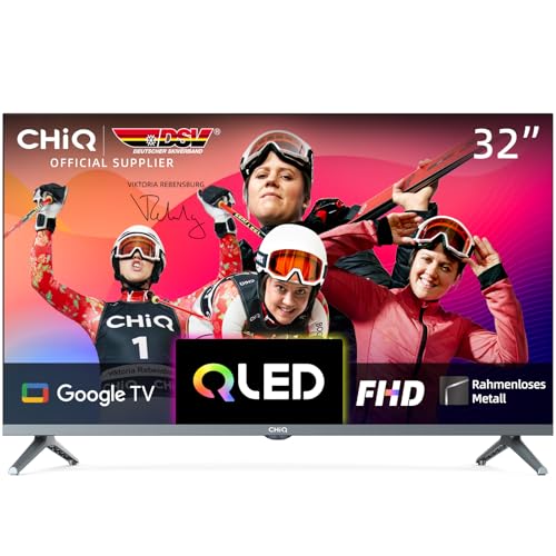 CHIQ Fernseher L32QM8G 32 Zoll QLED TV, FHD, HDR, Rahmenloses Metall-Design, Google TV, Chromecast, Google Assistant, Quad-Core CPU, WiFi, Dolby Audio, DBX-tv,Triple Tuner(DVB-S2/T2/C)