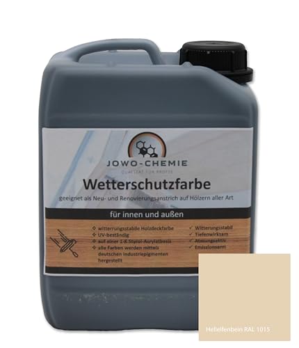 JOWO-CHEMIE Wetterschutzfarbe (5kg) Holzfarbe Zaunfarbe Gartenfarbe auf Hölzer aller Art große Farbauswahl Acryl-Farbe (Hellelfenbein)