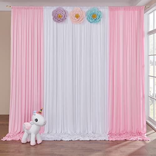 HBBMAGIC 4 Platten Faltenfreier Hintergrund Vorhang für Mädchen Geburtstag Einhorn Party 2 Platten 1.5×3m weißer+2 Platten 1.5×3m Rosa Hintergründe Vorhänge für Hochzeit Baby Dusche Party Fotowand