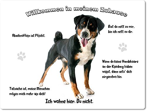 Merchandise for Fans Blechschild/Warnschild/Türschild - Aluminium - 30x40cm - - Willkommen in Meinem Zuhause - Motiv: Appenzeller Sennenhund - 17