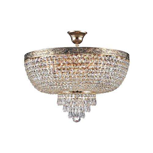 Stilvolle luxus Kristall-Deckenleuchte, zahlreiche Kaskade aus echten Kristallen, goldenes Metall, Messingband mit Gravur, 6-flammig, exkl. E27 60W, 220V-240V