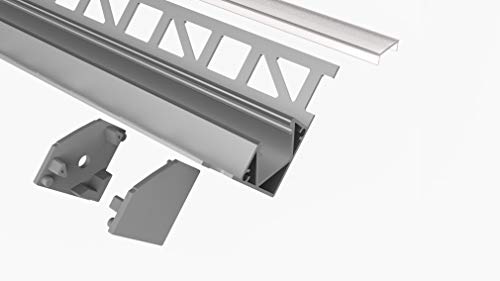 Tivendis Led Alu Profil 2 m F8 mit Zubehör für Strip/Streifen bis 14 mm breit | Abdeckung satiniert milchig | Einbau Abschlussleiste Abschlussprofil Fliesenschiene eloxiert