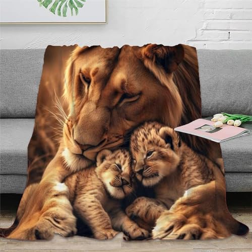 Löwenfamilie Flanell Sofadecke 3D Druck Tierbild Decke Weichen Flauschig Bett Decken Flauschig Warm Kuscheldecke for Erwachsene Kinder 50x60inch(127x152cm)