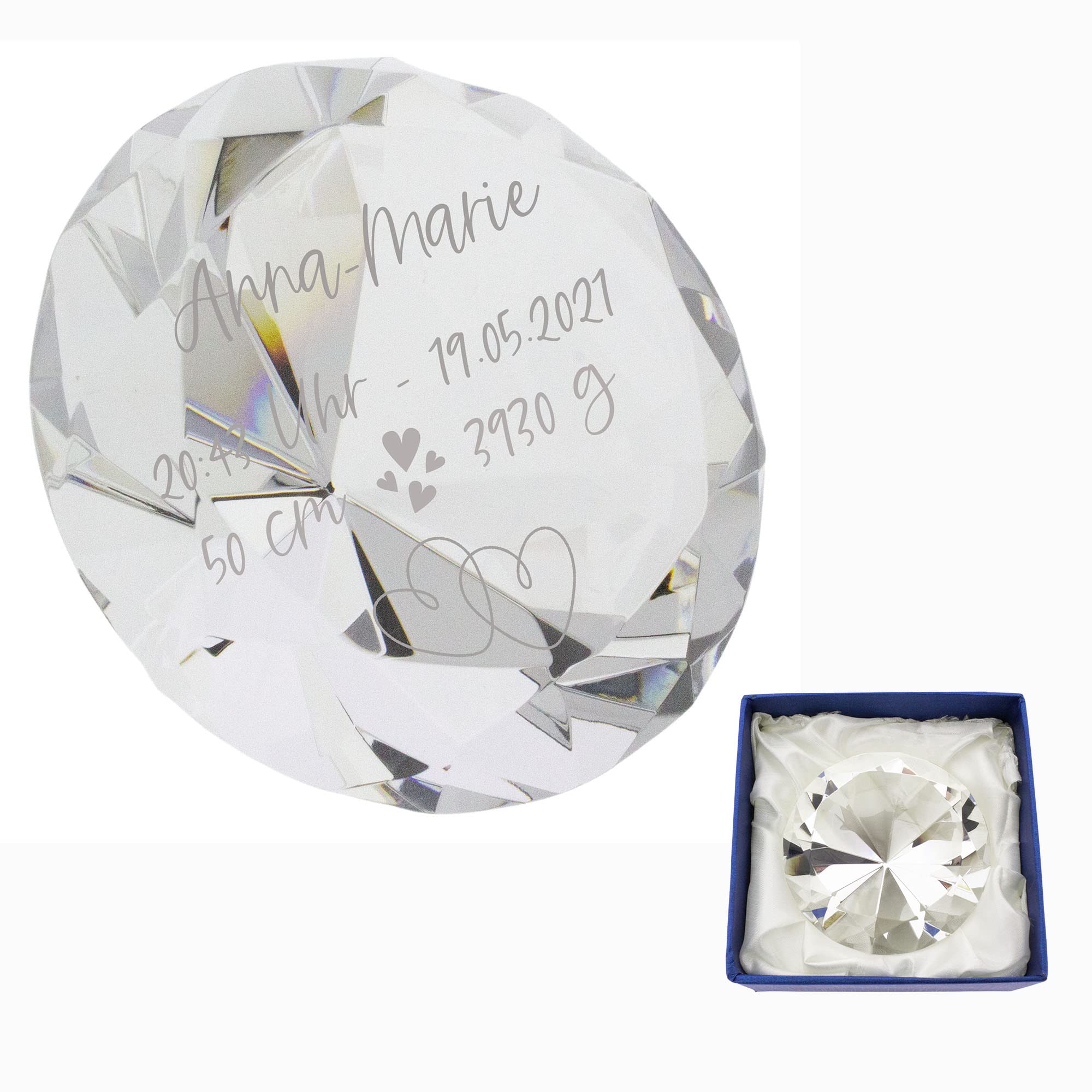 Kristall-Diamant aus Glas mit Gravur zur Geburt Ø 80 mm in Geschenkbox - Geschenk zur Geburt (Modell 2, Klar)
