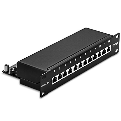 deleyCON CAT 6a Patchpanel Verteilerfeld 12 Port - Desktop 10 Zoll Rackeinbau Servermontage RJ45 Geschirmt - TIA568A TIA568B - Schwarz