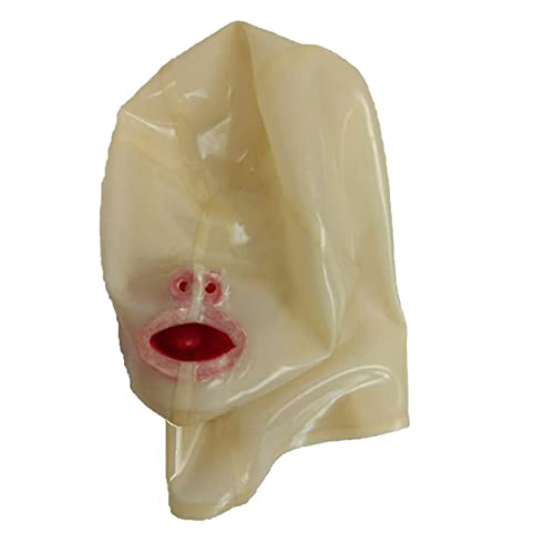 ZOUTYI Latex Haube Befestigt Mund Knebel Und Nasen Rohr Transparente Gummi Maske Sexy Fetisch Halloween Cosplay Kostüm,Flesh,S
