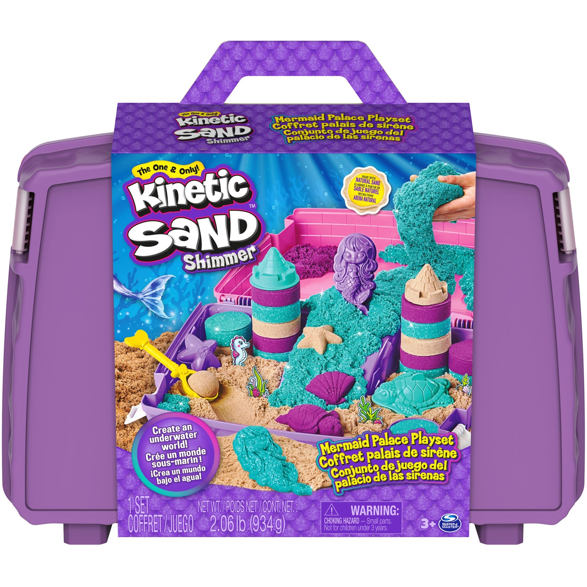 Kinetic Sand 6065181 Meerjungfrauen Koffer-mit 1 kg original 3 Farben, 6 Förmchen, 1 Schaufel für kreatives Indoor-Sandspiel, ab 3 Jahren