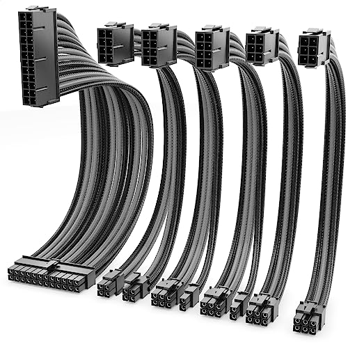 deleyCON Netzteil Kabel Set 6-Teilig 30cm - Intern Grafikkarte PC Computer Mainboard Motherboard 18 AWG ATX 24-Pin EPS 4+4-Pin PCI Express 6+2-Pin & 6-Pin Stromkabel Stecker auf Buchse Schwarz Grau