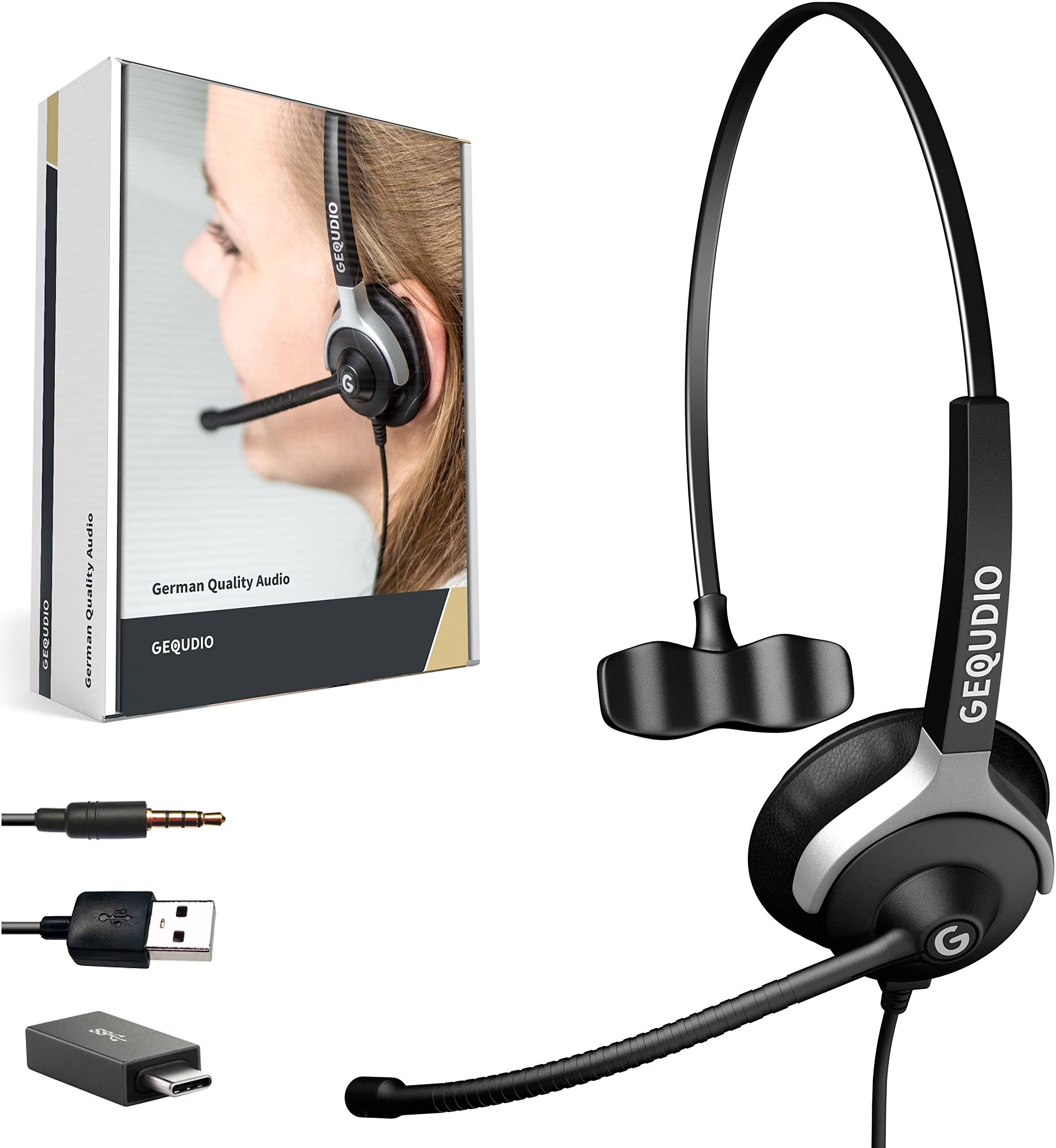 GEQUDIO [3in1] Business Headset mit USB-A, USB-C und 3,5mm Klinke kompatibel mit PC, Mac und Smartphone - Kopfhörer & Mikrofon Ersatz Polster - besonders leicht 60g (1-Ohr)