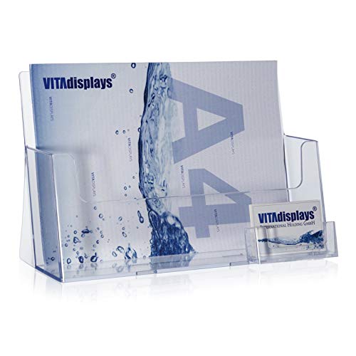 VITAdisplays® Prospekt-Aufsteller im DIN A4 Querformat mit Visitenkartenhalter, Transparent (GP-231QE)