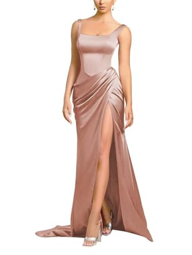 HPPEE Abendkleid für Junioren aus der Schulter Hochzeit Brautjungfer Kleid mit Schlitz WYX392, Dusty Rose, 36