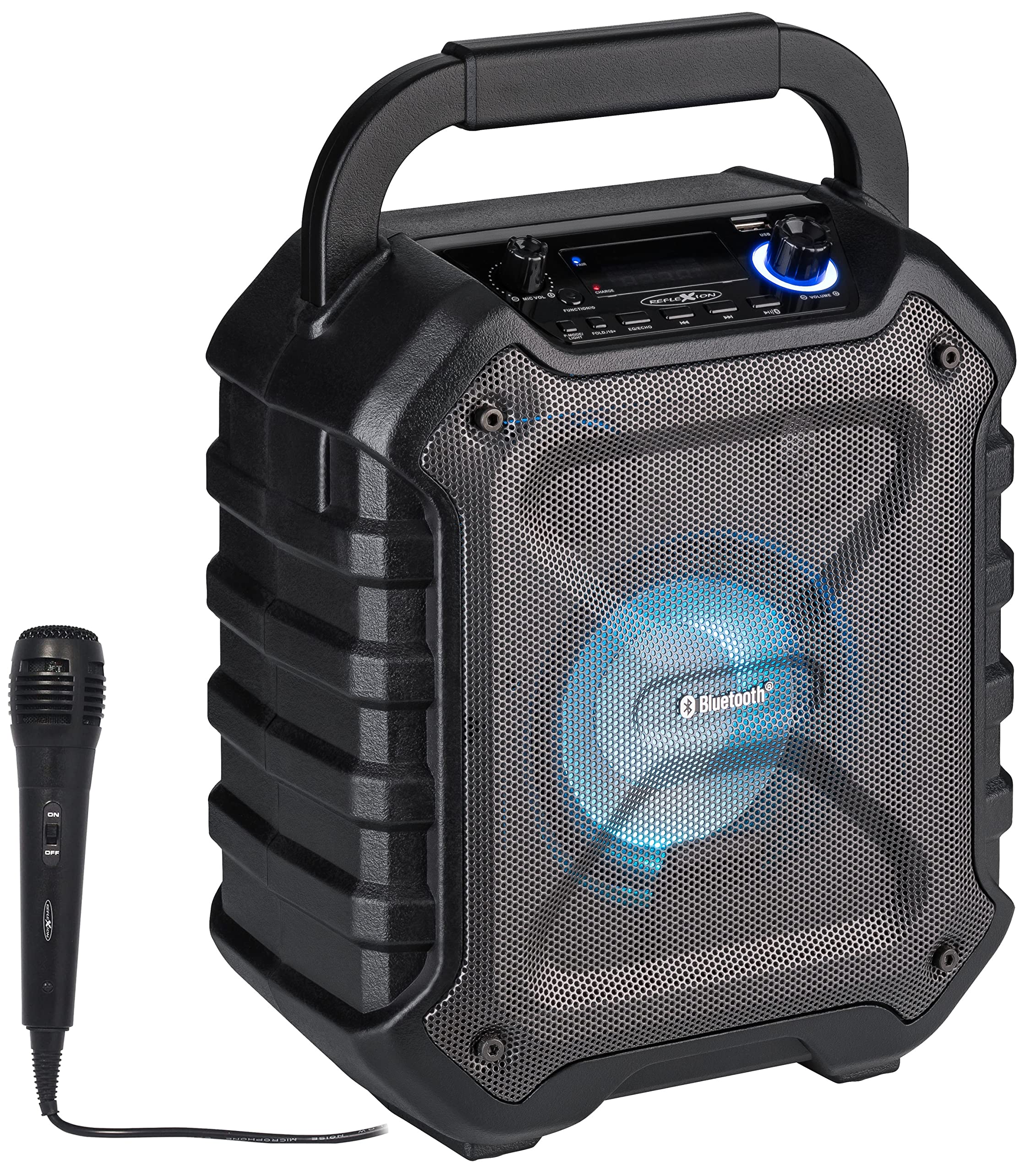 REFLEXION PS06BT kompakte PA-Anlage, mobil mit Akku, Lichteffekten und Karaoke-Funktion, inklusive Mikrofon (Bluetooth, USB, AUX, 160 Watt), schwarz
