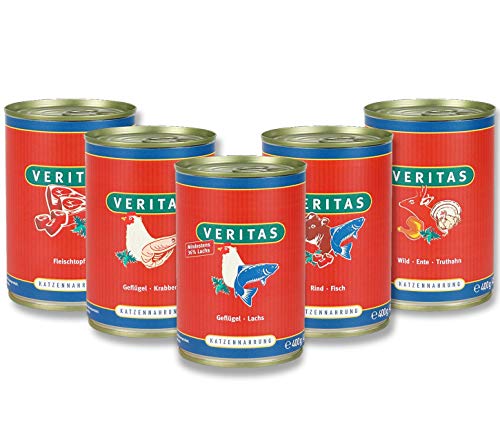 veritas Katzenmenü Mix Katzenfutter nass - 5 Gourmet Sorten Nassfutter für Katzen I Geflügel Fisch Rind Wild Ente Huhn - Katzennassfutter (28x400g)