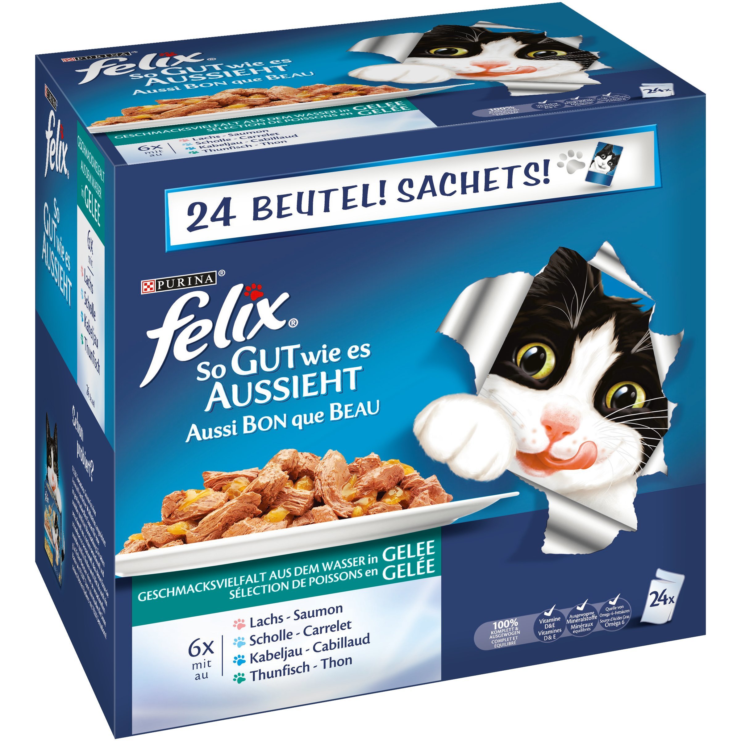 Felix So gut wie es aussieht, Katzennassfutter, Gelee Geschmacksvielfalt aus dem Wasser I Adult I 4er Pack (4 x 24 x 100g)