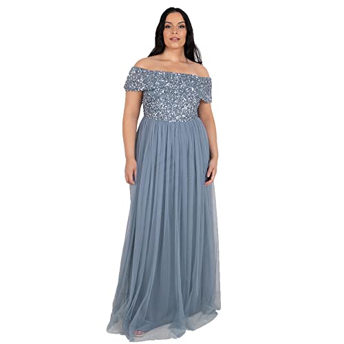 Maya Deluxe Damen Dusty Blue Bardot Embellished Maxi Dress Brautjungfernkleid, 26